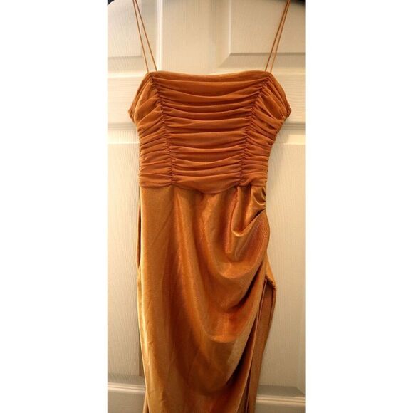 ASOS DESIGN Women's Sz 4 Gold Mesh Ruched Cami Drape Satin Midi Dress - Picture 11 of 14